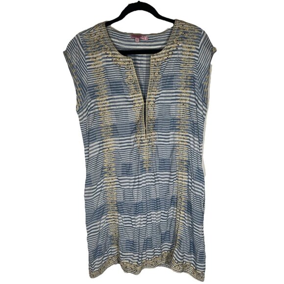 Calypso St. Barth Rowena blue white striped beaded gold shift dress sz L boho - Picture 1 of 10